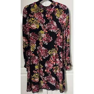 Nina Leonard Black Floral Print Shift Dress Ruched Collar Cuff Size L